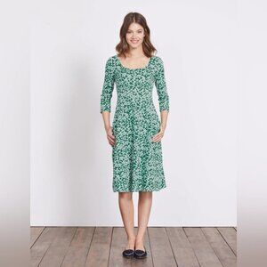 Boden Julianna Ponte Fit & Flare‎ Dress Green Floral 3/4 Sleeve Pockets Size 12R